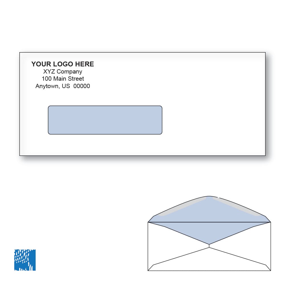Custom Printed Check Business Window Envelopes with Blue Tint, 3-5/8" x 8-5/8" White Wove, 24 lb, Standard Flap (Box of 500)