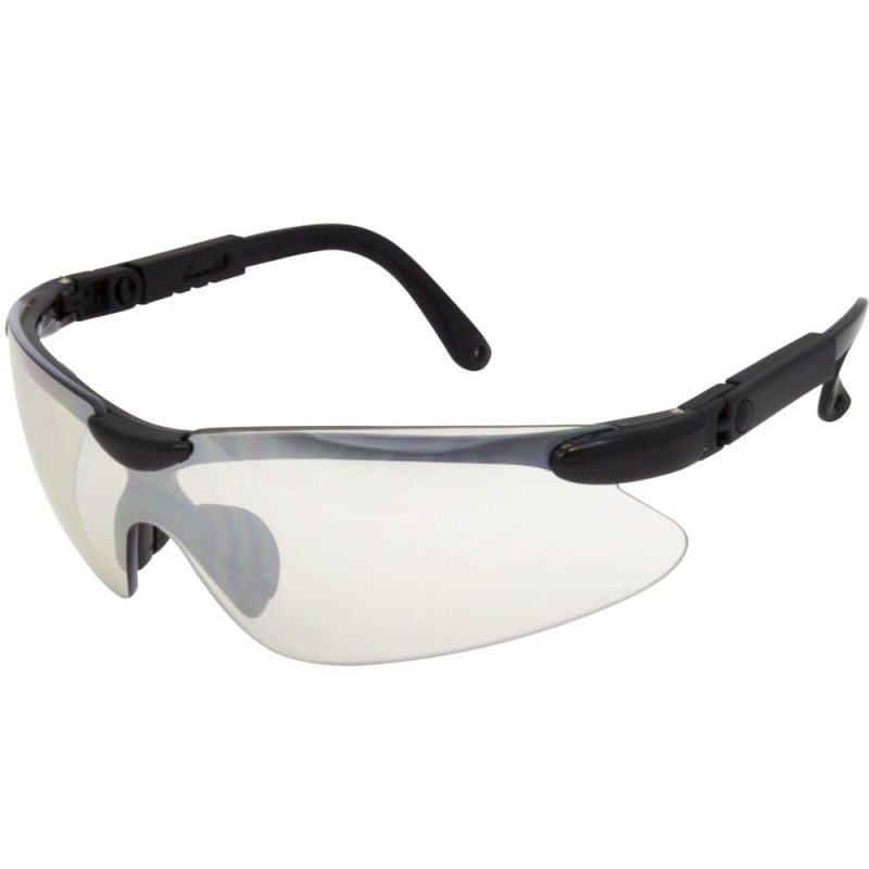 Safety Glasses, Black Frame, Mirror Lens, Ratchet (144 Pairs per Box)