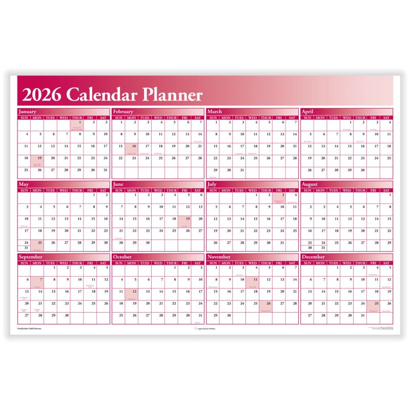 ComplyRight 2026 Burgundy Full Calendar Planner, 2 Sided, 36" x 24" (Pack of 1)