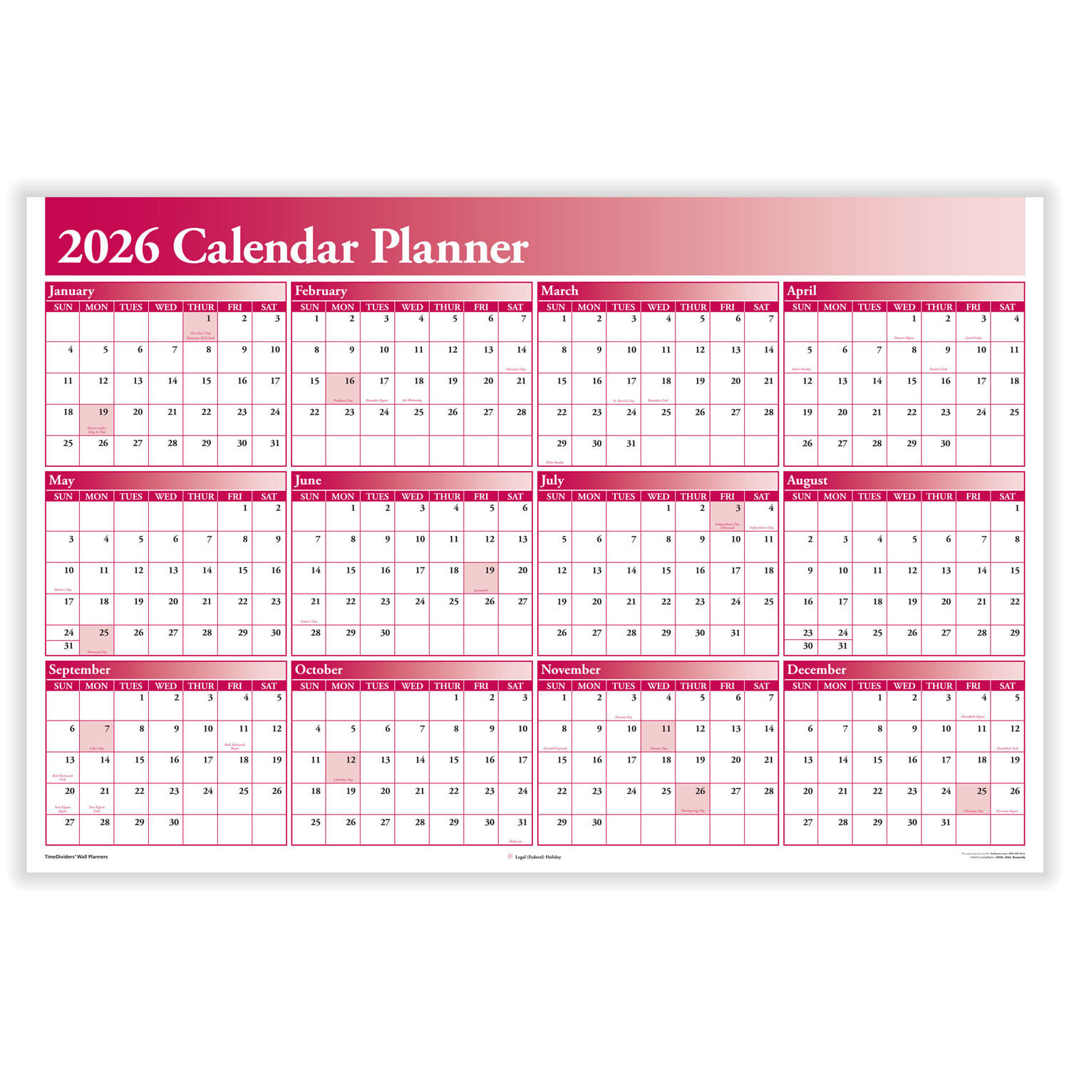 ComplyRight 2026 Burgundy Full Calendar Planner, 2 Sided, 36" x 24" (Pack of 1)