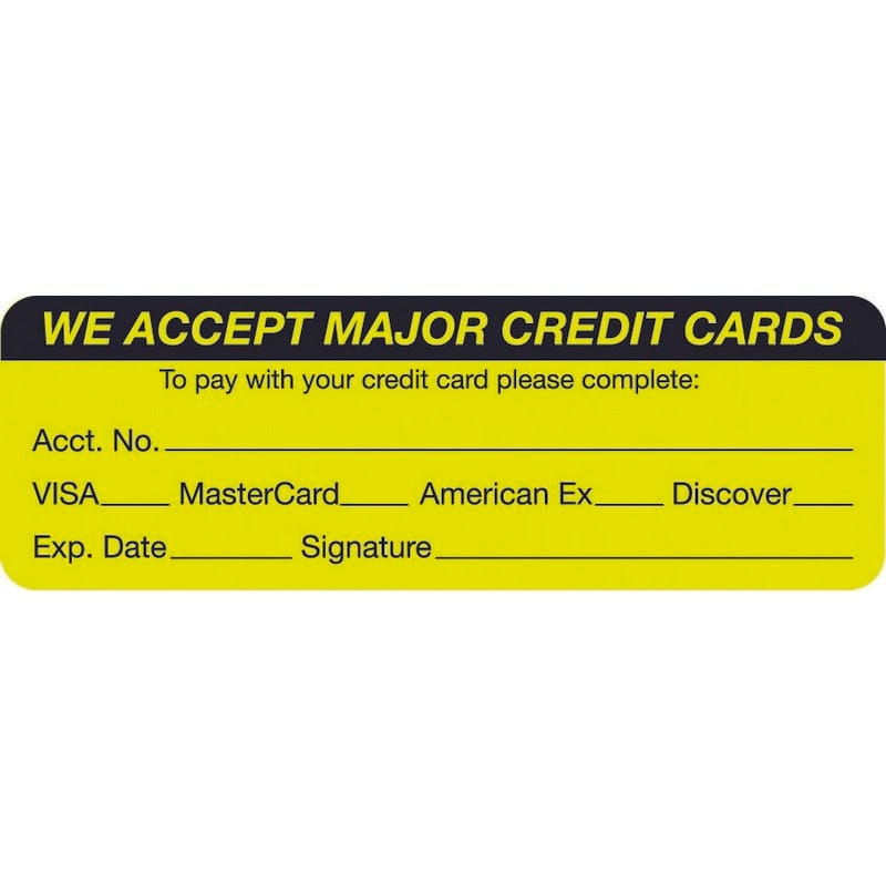 Credit Cards Visa-MC-Amex-Disc. 3" x 1" Fl-Chartreuse Label (Roll of 250)