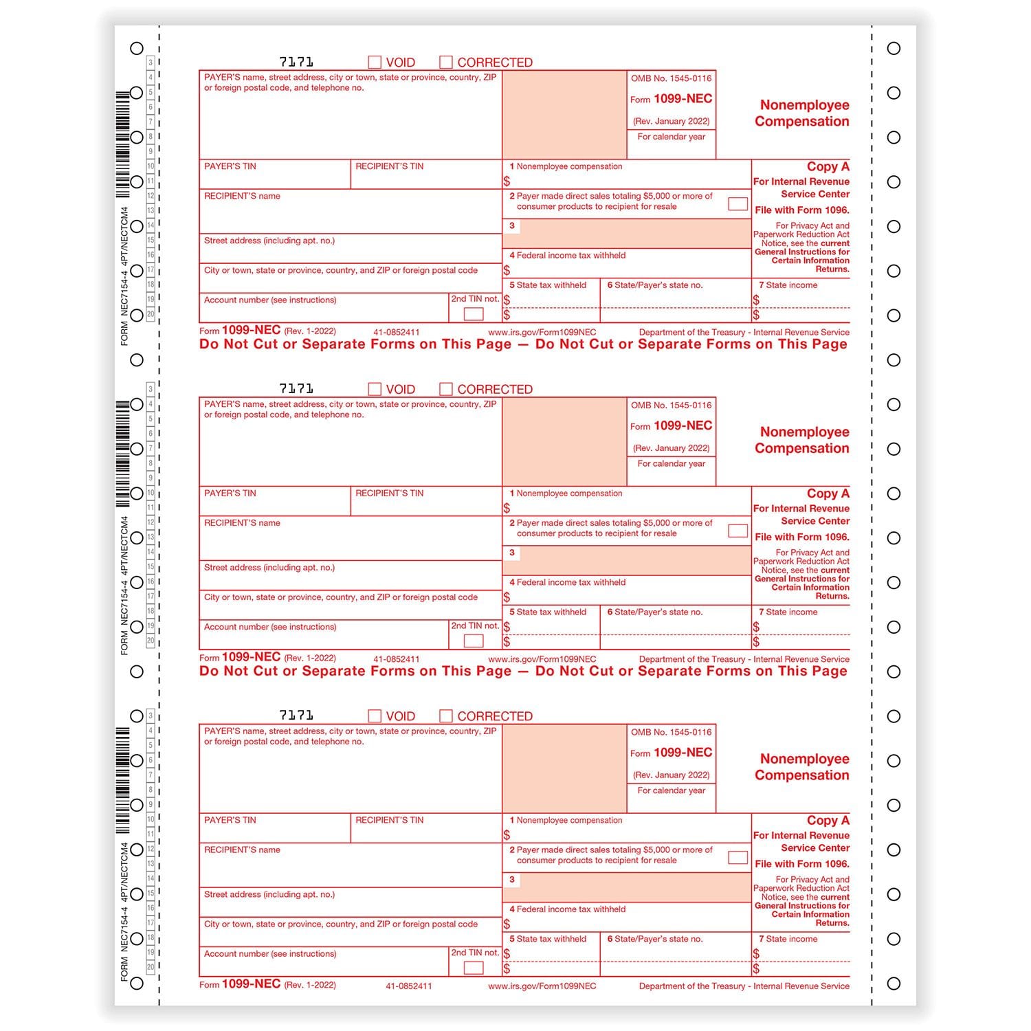 1099 NEC 4-part 1-wide Carbonless (200 Mailers/Box)