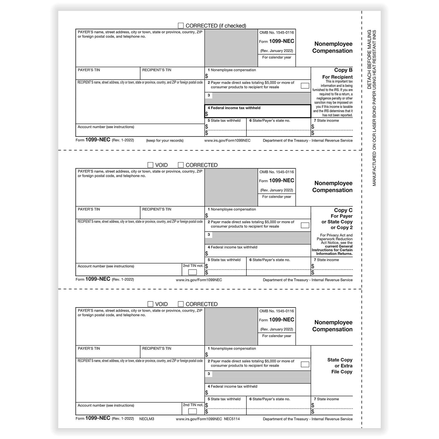APEX 1099-NEC 3-Up Recipient Copy B and Payer Copy C and State Or File Copy - Pack of 500