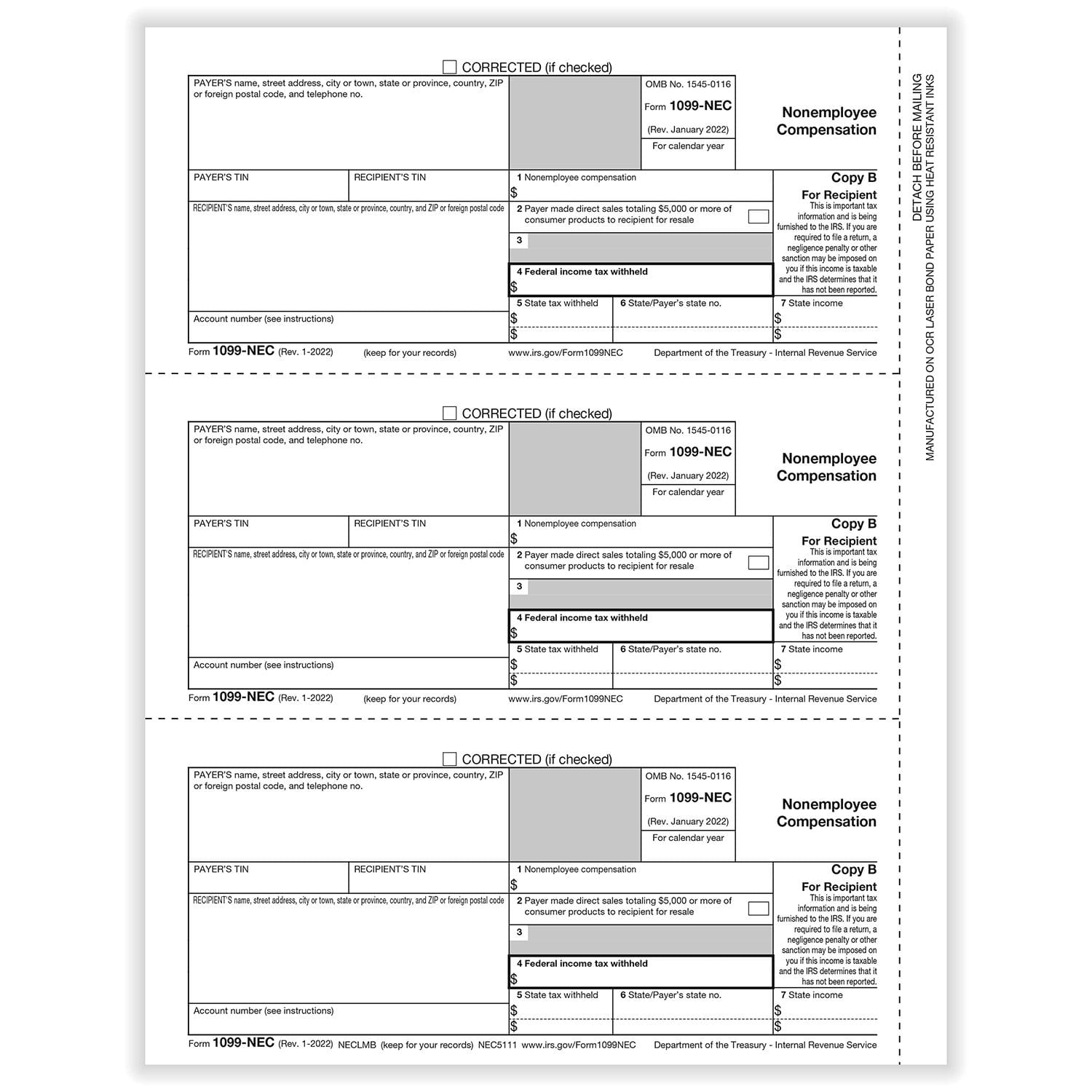 APEX 1099-NEC Recipient Copy B - Pack of 500