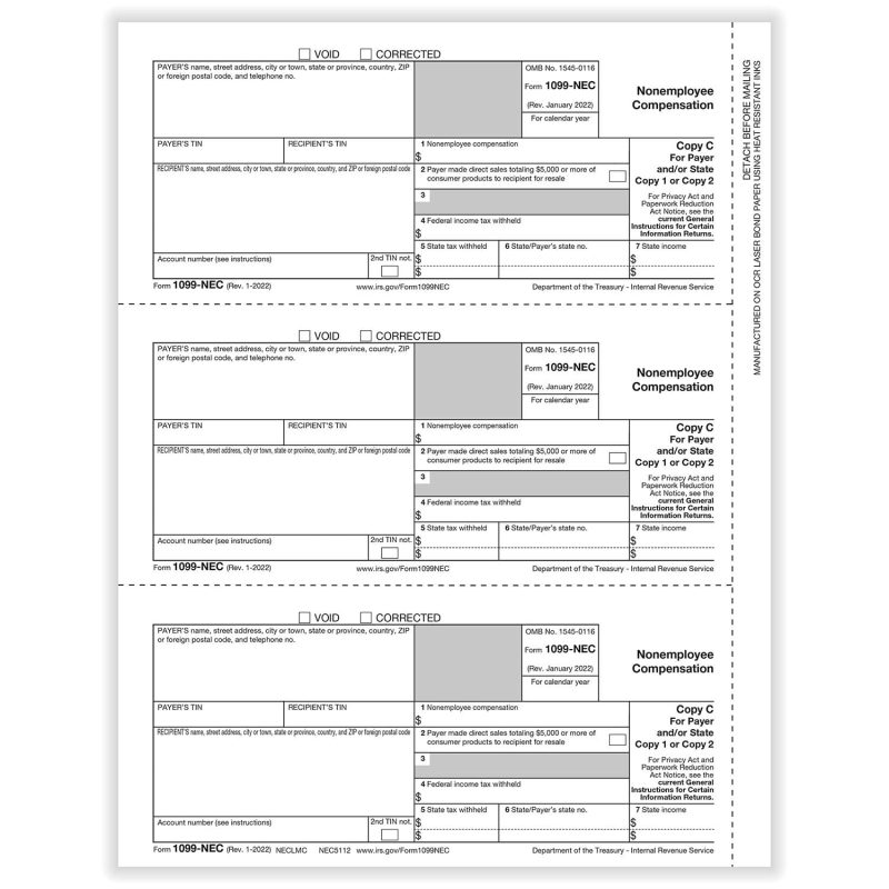 APEX 1099-NEC Payer Copy C and/or State Copy - Pack of 500