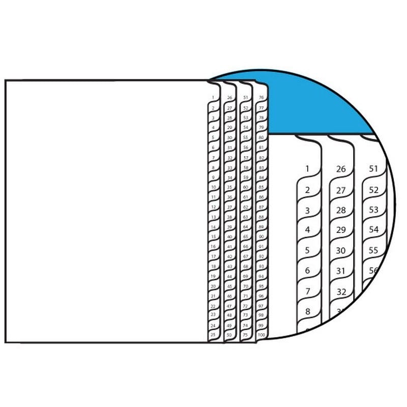 Numbers 1-100 Collated Legal Index Divider Sets, Letter Size Side Tab, 1/25th Cut, 25 Tabs per Set (Box of 10 Sets)