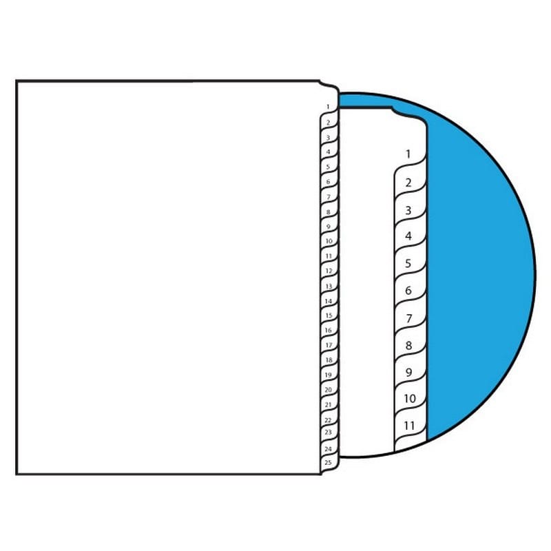 Numbers 1-25 Collated Legal Index Divider Sets, Letter Size Side Tab, 1/25th Cut, 25 Tabs per Set (Box of 10 Sets)