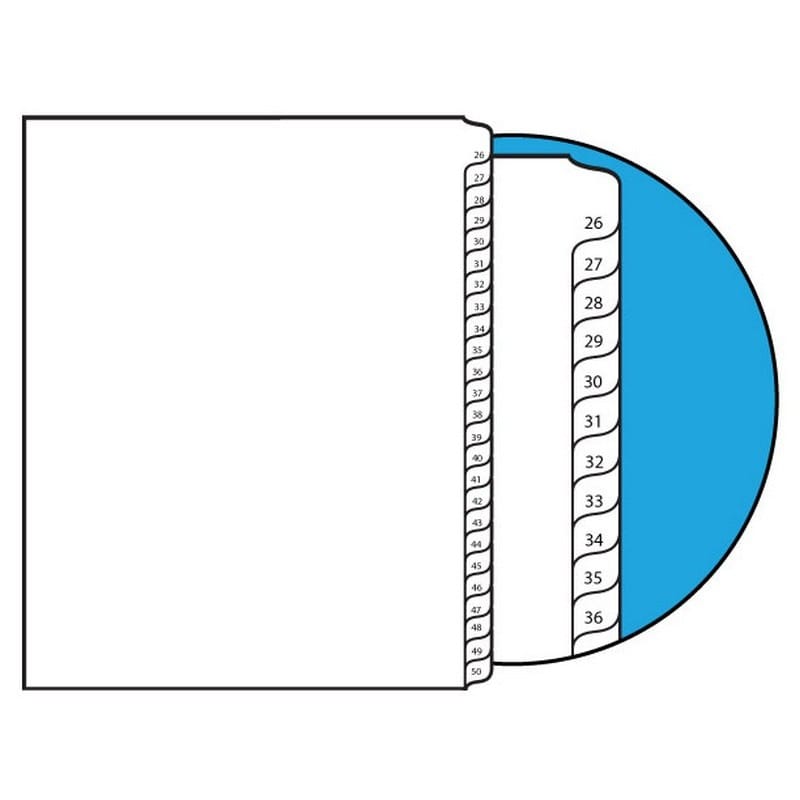 Numbers 26-50 Collated Legal Index Divider Sets, Letter Size Side Tab, 1/25th Cut, 25 Tabs per Set (Box of 10 Sets)