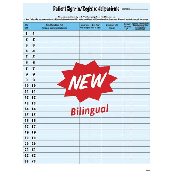 Blue English/Spanish Confidential Patient Sign-In Forms, 8-1/2" x 11", 23 Peel Off Label Sign In Lines (125 Forms/Pack)