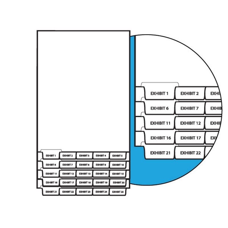 Numbers Exhibit 1-25 Collated Legal Index Divider Sets, Letter Size Bottom Tab, 1/5th Cut, 25 Tabs/Set (Box of 10 Sets)