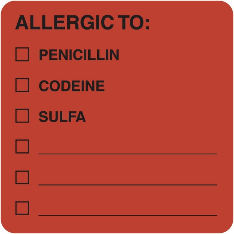 Allergy Warning Labels, ALLERGIC TO: - Fl Red 2" X 2" (Roll of 250) - Image 2