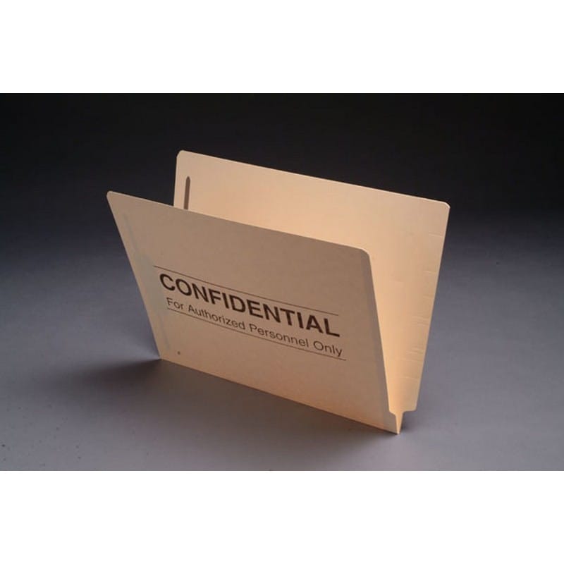 11pt Manila Folders, Full Cut 2-Ply END TAB, Letter Size, Fastener Pos #1 & #3, "Confidential" Printed (Box of 50)