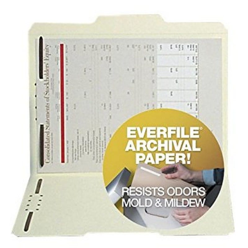 S J Paper Archival File Folders Top Tab 1/3 Cut 2 Fasteners in Position #1 and #3