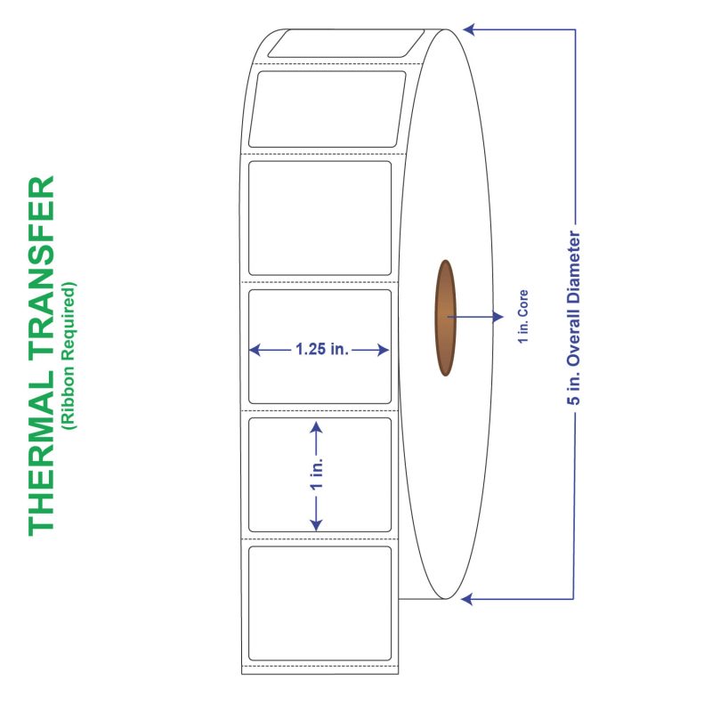 1-1/4" x 1" General Use Labels, w/ Perf Thermal Transfer Labels, Perforated, 2300 per roll (4 Rolls per Carton)