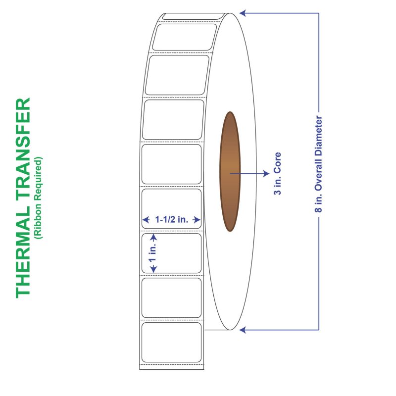 1-1/2" x 1" General Use Labels, w/ Perf Thermal Transfer Labels, Perforated, 5500 per roll (8 Rolls per Carton)