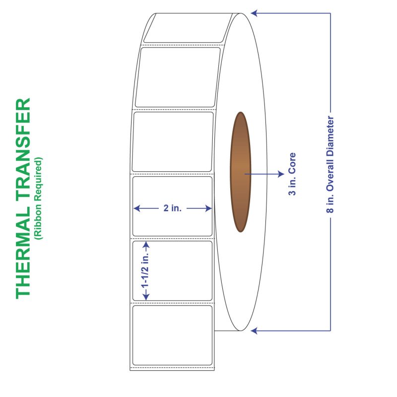 2" x 1-1/2" General Use Labels, w/ Perf Thermal Transfer Labels, Perforated, 3800 per roll (8 Rolls per Carton)