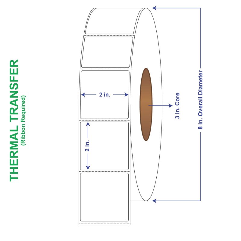 2" x 2" General Use Labels, w/ Perf Thermal Transfer Labels, Perforated, 3000 per roll (8 Rolls per Carton)