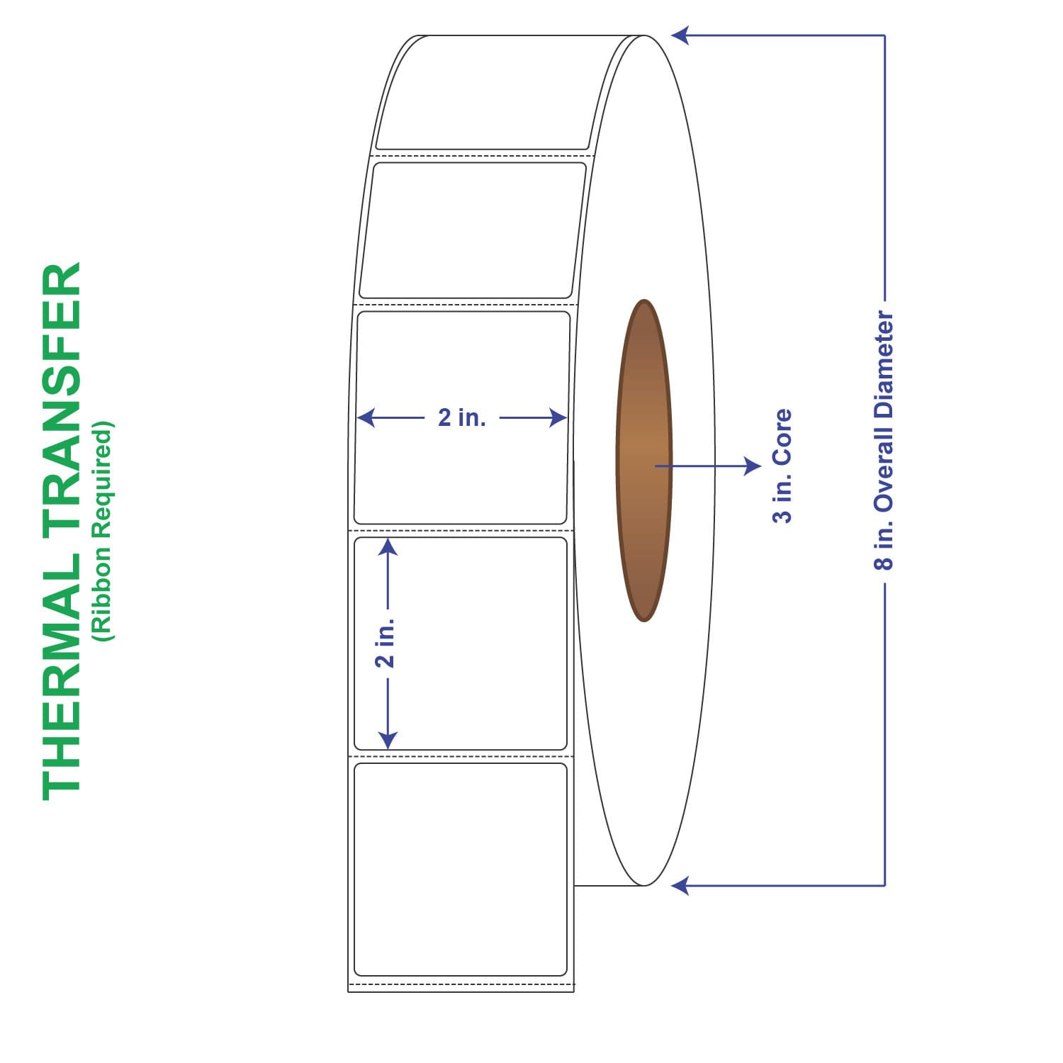 2" x 2" General Use Labels, w/ Perf Thermal Transfer Labels, Perforated, 3000 per roll (8 Rolls per Carton)