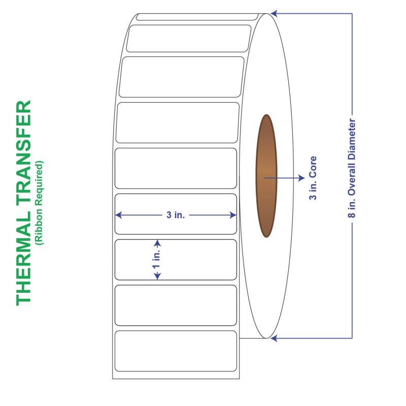 3" x 1" General Use Labels, Non-Perf Thermal Transfer Labels, 5500 per roll (6 Rolls per Carton)