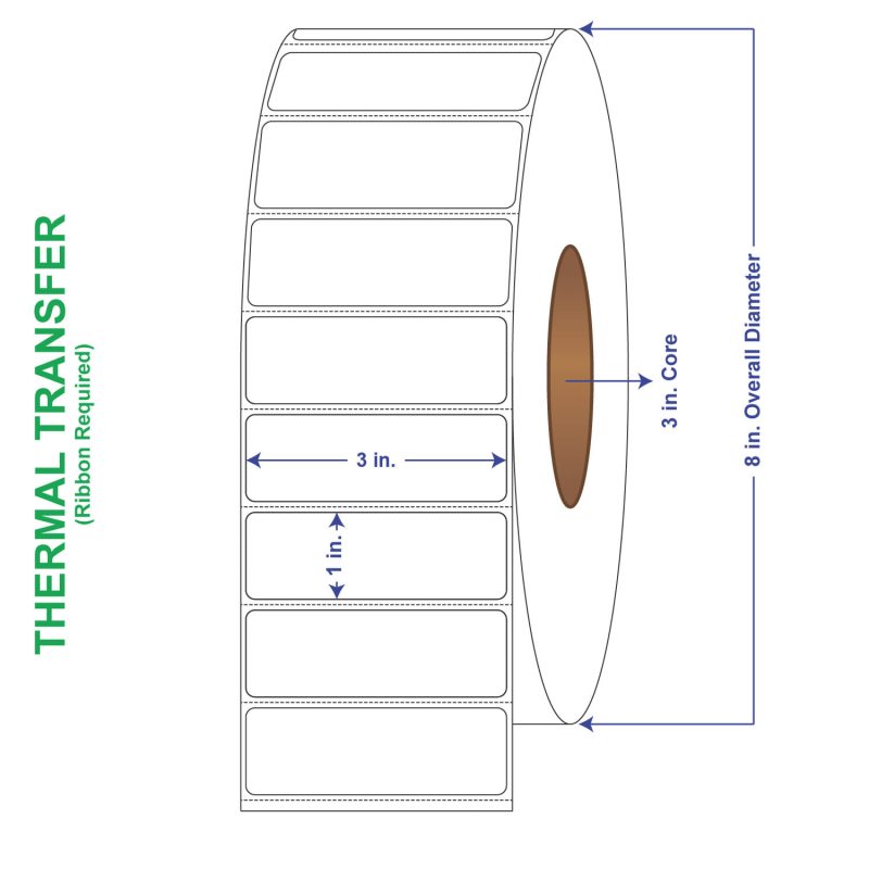 3" x 1" General Use Labels, w/ Perf Thermal Transfer Labels, Perforated, 5500 per roll (6 Rolls per Carton)