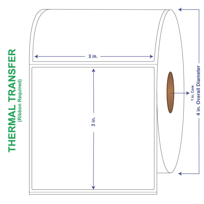 3" x 3" General Use Labels, w/ Perf Thermal Transfer Labels, Perforated, 500 per roll (4 Rolls per Carton)