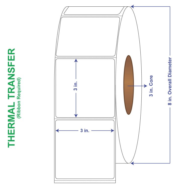 3" x 3" General Use Labels, w/ Perf Thermal Transfer Labels, Perforated, 1900 per roll (6 Rolls per Carton)