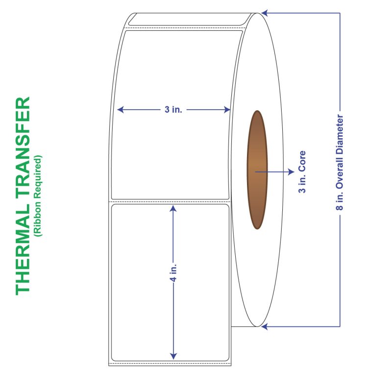 3" x 4" General Use Labels, w/ Perf Thermal Transfer Labels, Perforated, 1500 per roll (8 Rolls per Carton)