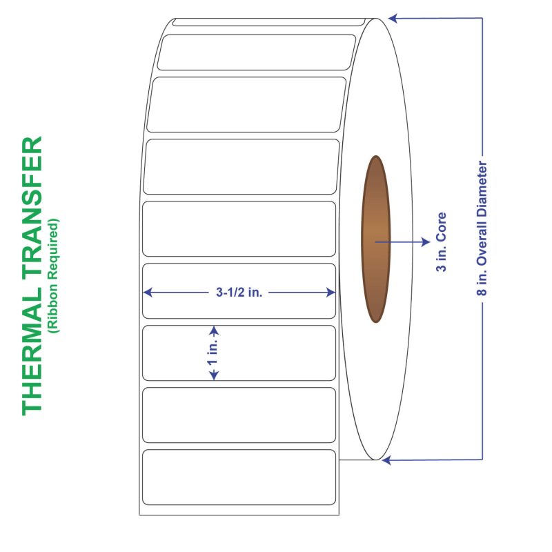 3-1/2" x 1" General Use Labels, Non-Perf Thermal Transfer Labels, 5500 per roll (6 Rolls per Carton)