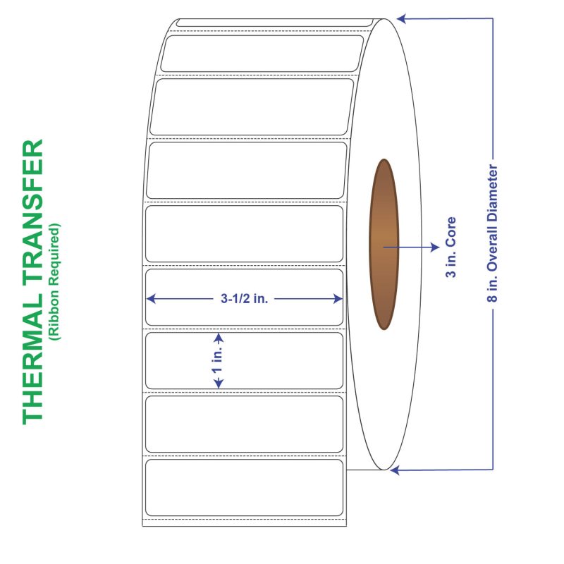 3-1/2" x 1" General Use Labels, w/ Perf Thermal Transfer Labels, Perforated, 5500 per roll (6 Rolls per Carton)