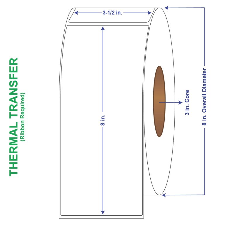 3-1/2" x 8" General Use Labels, Non-Perf Thermal Transfer Labels, 750 per roll (6 Rolls per Carton)