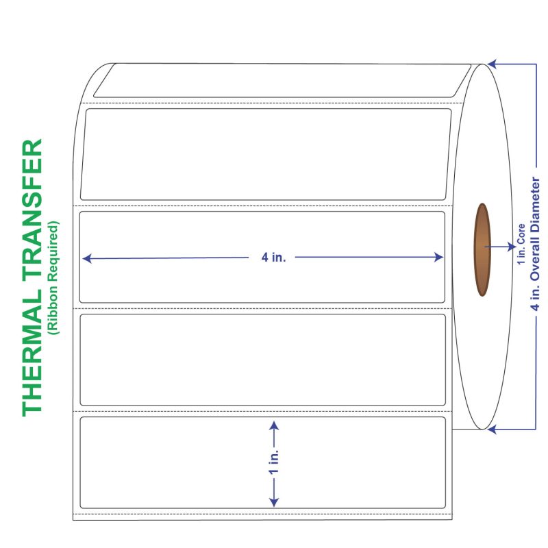 4" x 1" General Use Labels, w/ Perf Thermal Transfer Labels, Perforated, 1310 per roll (4 Rolls per Carton)