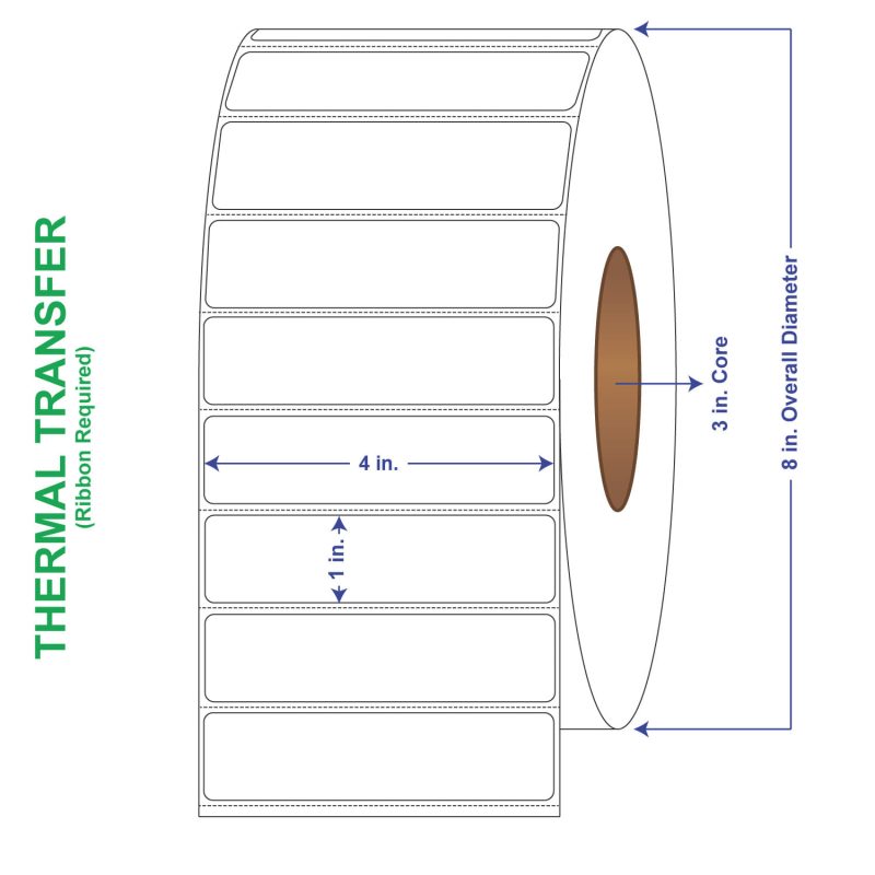 4" x 1" General Use Labels, w/ Perf Thermal Transfer Labels, Perforated, 5500 per roll (4 Rolls per Carton)