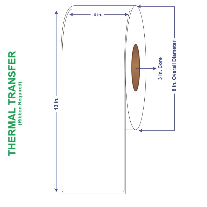 4" x 13" General Use Labels, Non-Perf Thermal Transfer Labels, 475 per roll (4 Rolls per Carton)