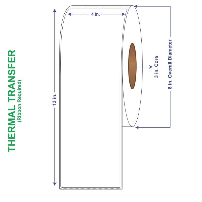 4" x 13" General Use Labels, w/ Perf Thermal Transfer Labels, Perforated, 475 per roll (4 Rolls per Carton)