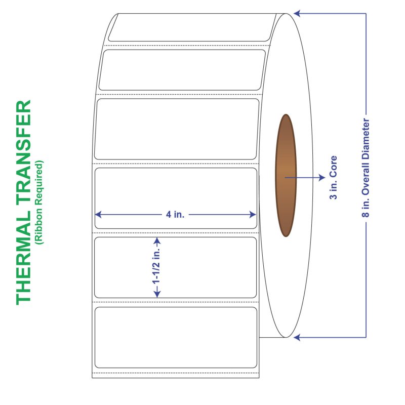 4" x 1-1/2" General Use Labels, w/ Perf Thermal Transfer Labels, Perforated, 3600 per roll (4 Rolls per Carton)