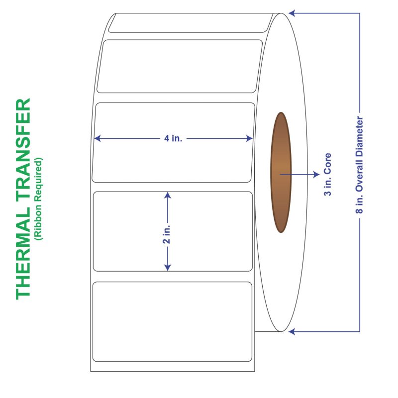 4" x 2" General Use Labels, Non-Perf Thermal Transfer Labels, 3000 per roll (4 Rolls per Carton)