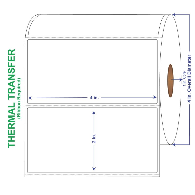 4" x 2" General Use Labels, w/ Perf Thermal Transfer Labels, Perforated, 730 per roll (4 Rolls per Carton)