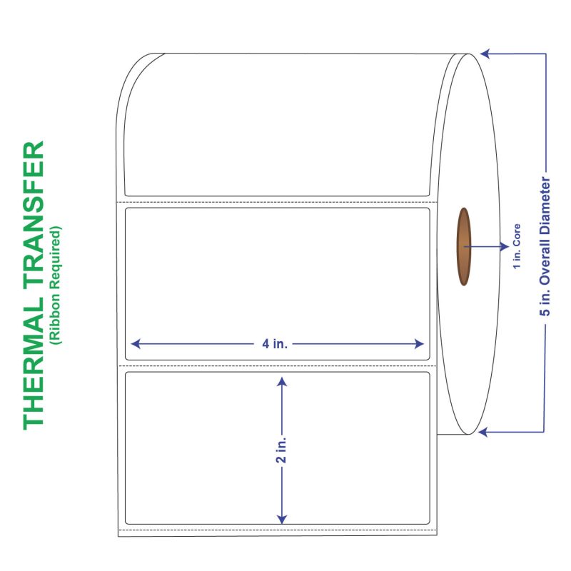 4" x 2" General Use Labels, w/ Perf Thermal Transfer Labels, Perforated, 1250 per roll (4 Rolls per Carton)
