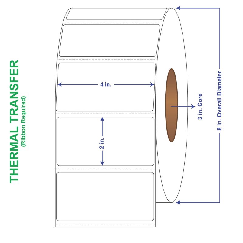 4" x 2" General Use Labels, w/ Perf Thermal Transfer Labels, Perforated, 3000 per roll (4 Rolls per Carton)