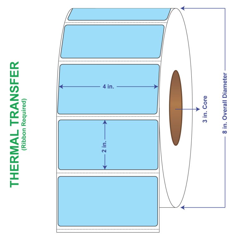 4" x 2" General Use Labels, w/ Perf Thermal Transfer Labels, Perforated, Tinted, Blue (2975), 3000 per roll (4 Rolls per Carton)