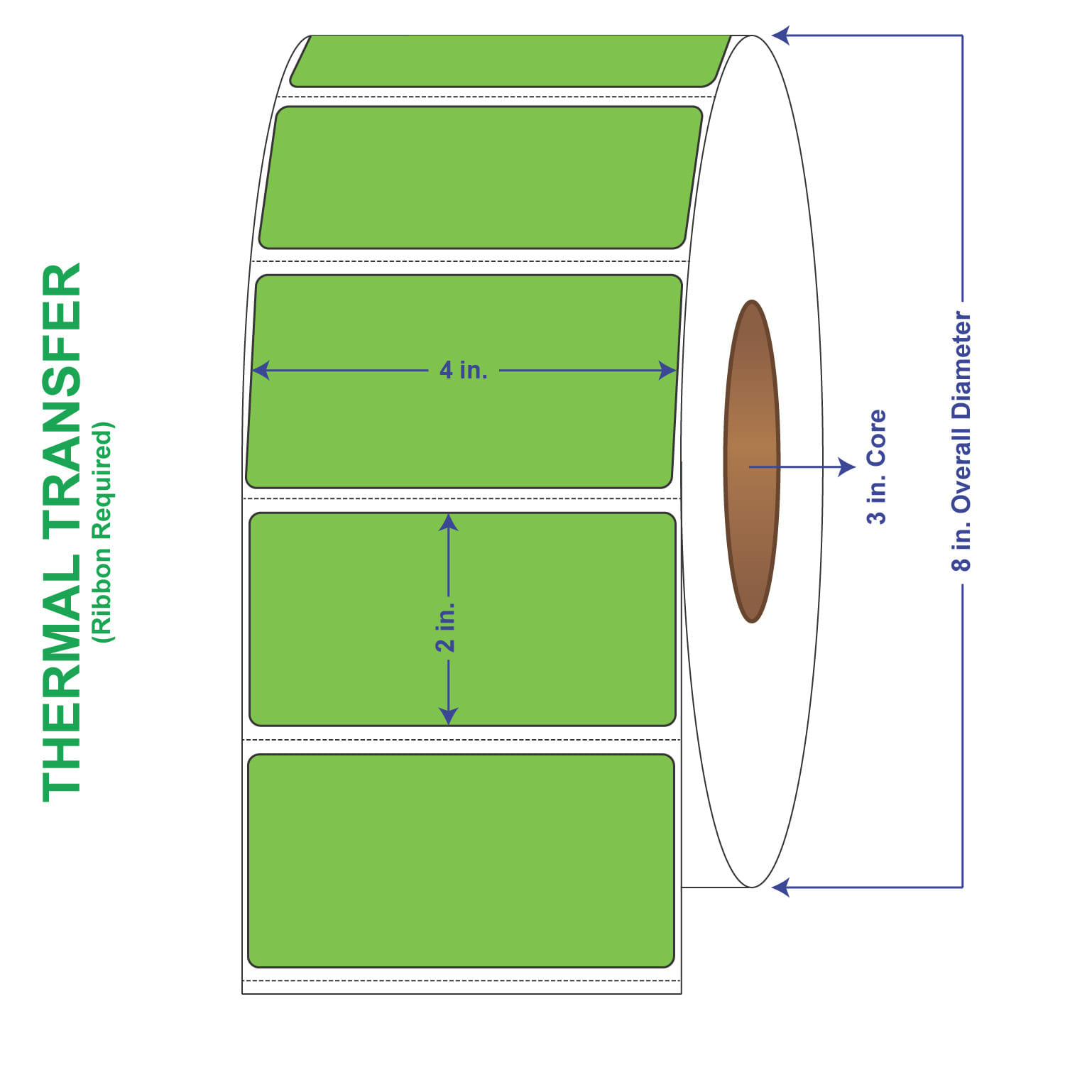 4" x 2" General Use Labels, w/ Perf Thermal Transfer Labels, Perforated, Tinted, Fluorescent Green, 3000 per roll (4 Rolls per Carton)