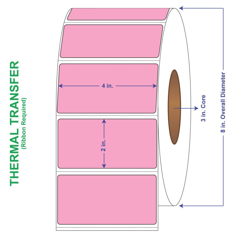 4" x 2" General Use Labels, w/ Perf Thermal Transfer Labels, Perforated, Tinted, Pink (196), 3000 per roll (4 Rolls per Carton)