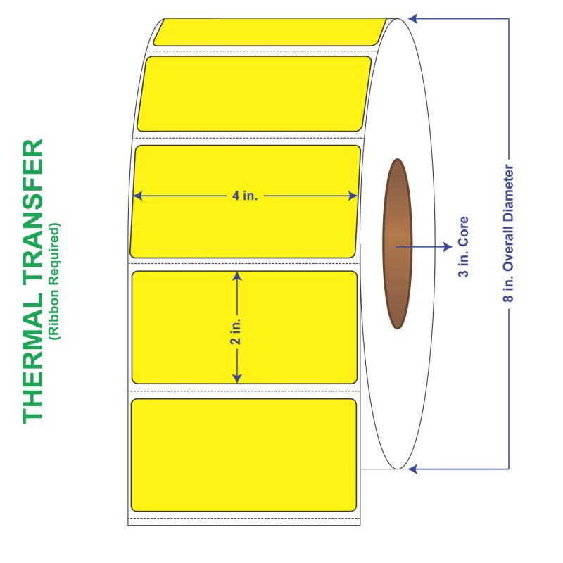 4" x 2" General Use Labels, w/ Perf Thermal Transfer Labels, Perforated, Tinted, Pantone Yellow, 3000 per roll (4 Rolls per Carton)