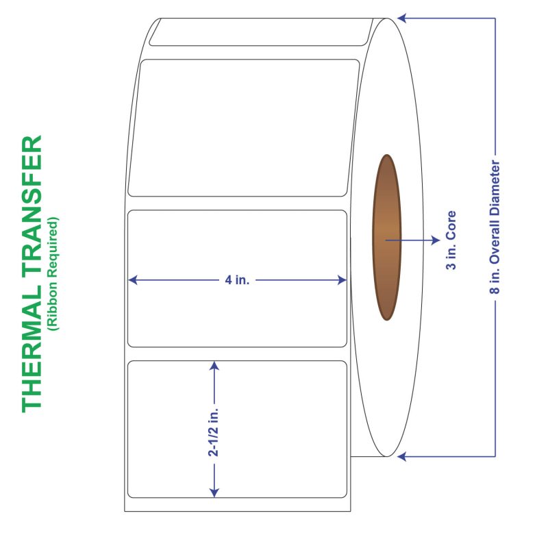 4" x 2-1/2" General Use Labels, Non-Perf Thermal Transfer Labels, 2500 per roll (4 Rolls per Carton)