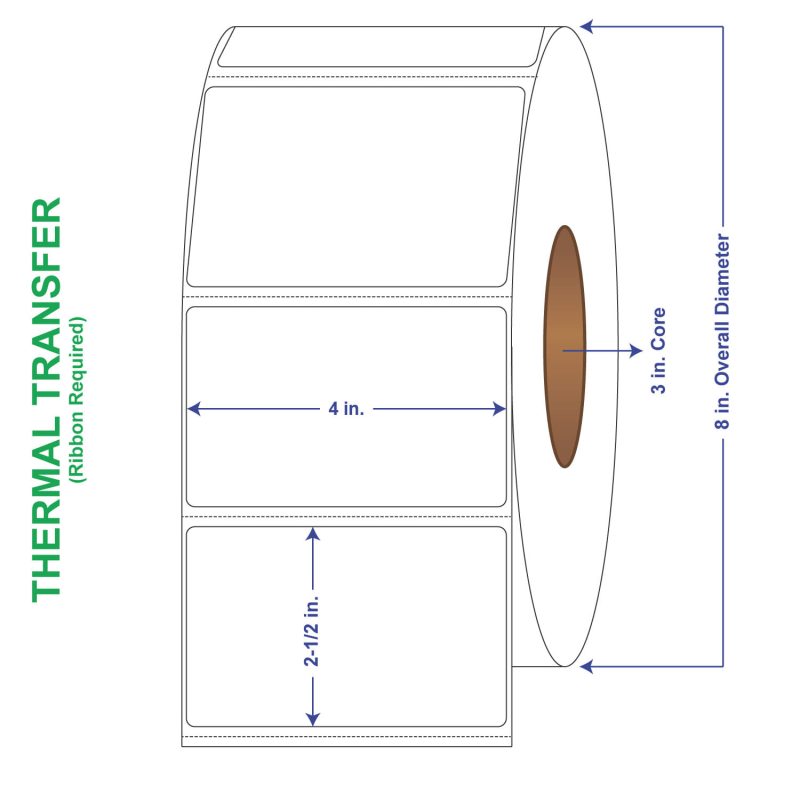 4" x 2-1/2" General Use Labels, w/ Perf Thermal Transfer Labels, Perforated, 2500 per roll (4 Rolls per Carton)