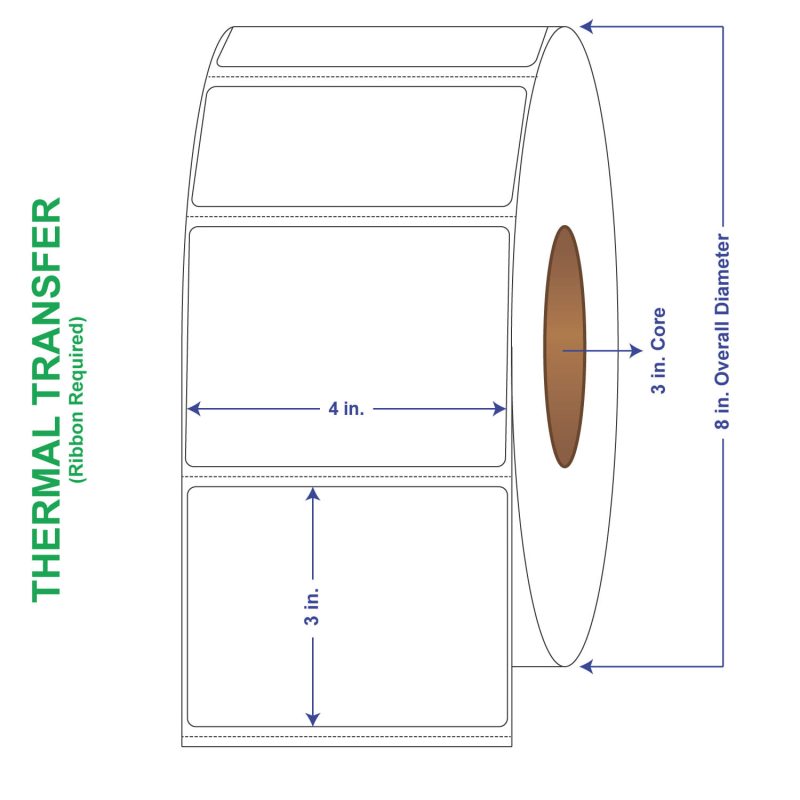 4" x 3" General Use Labels, w/ Perf Thermal Transfer Labels, Perforated, 1900 per roll (4 Rolls per Carton)