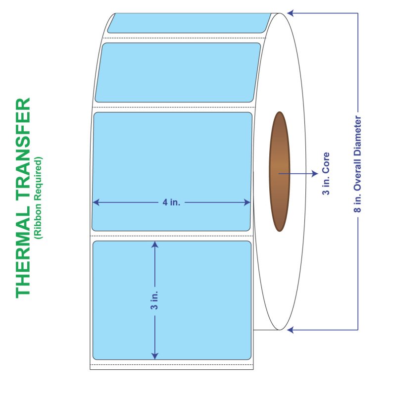 4" x 3" General Use Labels, w/ Perf Thermal Transfer Labels, Perforated, Tinted, Blue (2975), 1900 per roll (4 Rolls per Carton)