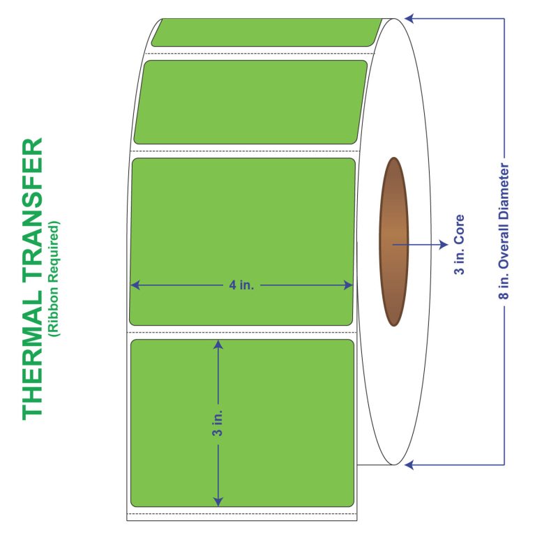 4" x 3" General Use Labels, w/ Perf Thermal Transfer Labels, Perforated, Tinted, Fluorescent Green, 1900 per roll (4 Rolls per Carton)