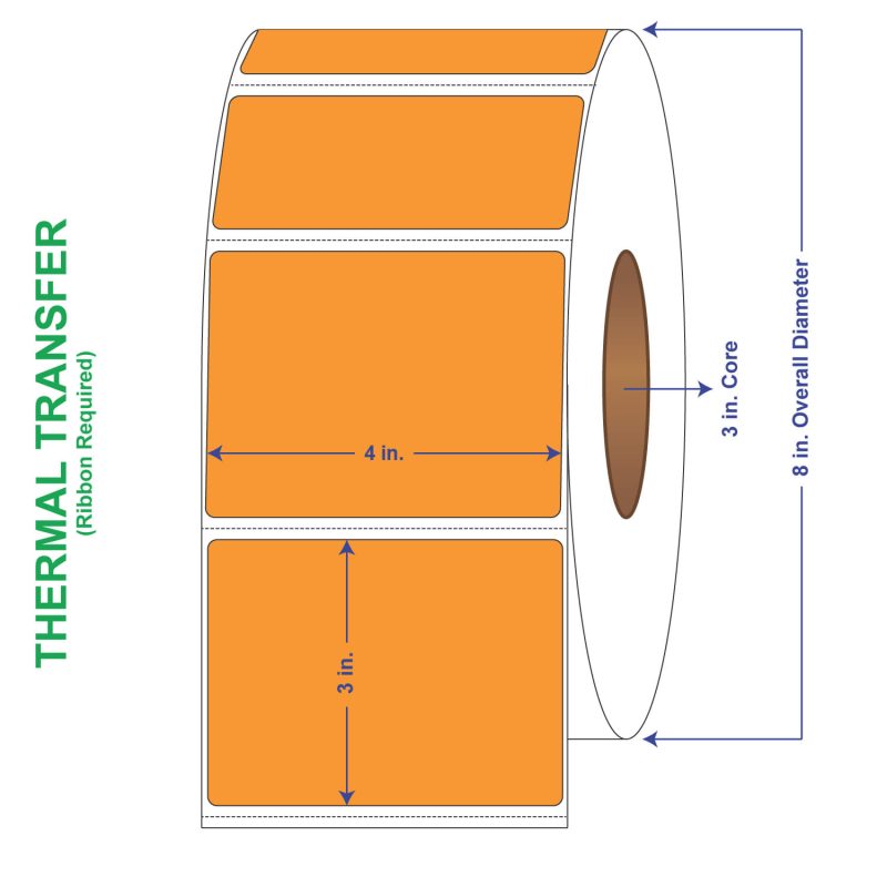 4" x 3" General Use Labels, w/ Perf Thermal Transfer Labels, Perforated, Tinted, Orange (136), 1900 per roll (4 Rolls per Carton)