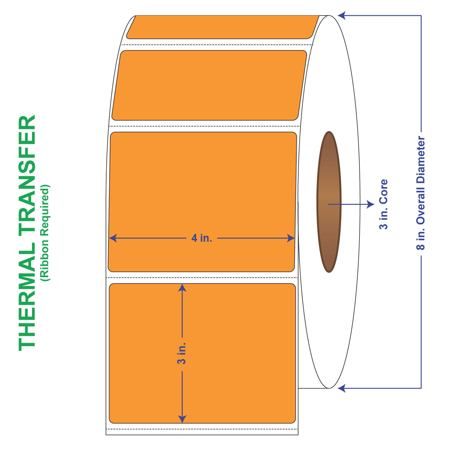 4" x 3" General Use Labels, w/ Perf Thermal Transfer Labels, Perforated, Tinted, Orange (136), 1900 per roll (4 Rolls per Carton)